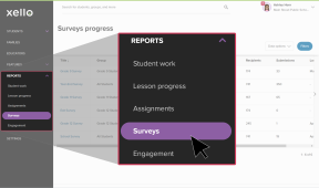 Left menu in Xello's educator tools with Features open. Cursor is hovering over Surveys